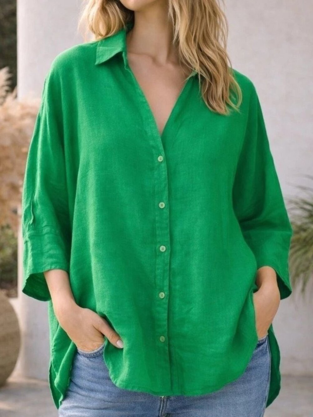 NWOT Zara 3/4 sleeve 100% linen Oversized Button Front Shirt in Kelly green